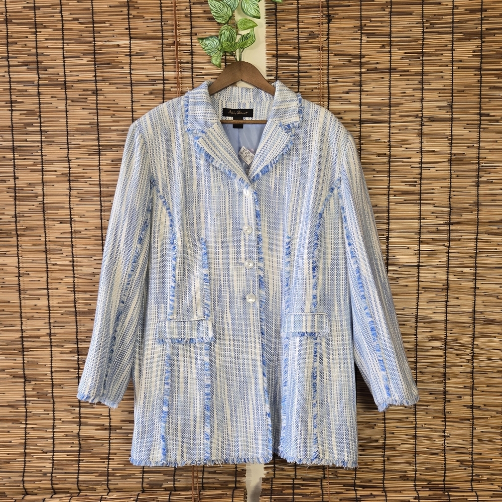 Ashley Stewart Fringy Blue White Tweed Coat Jacket